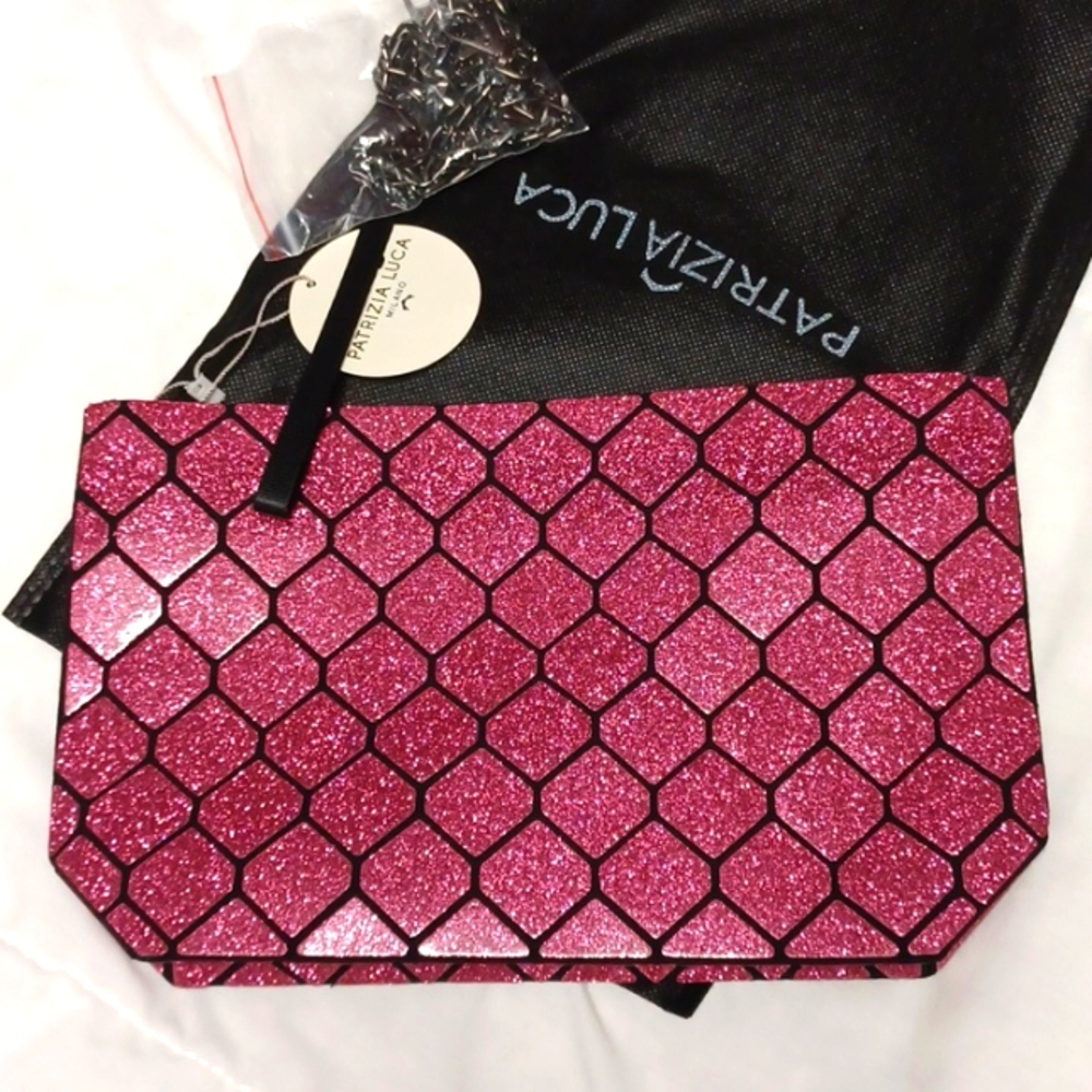 Patricia Luca Geometric Hot pink glitter clutch
